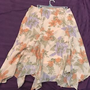 Rena Rowan peach purple floral handkerchief hem flowing skirt size 12